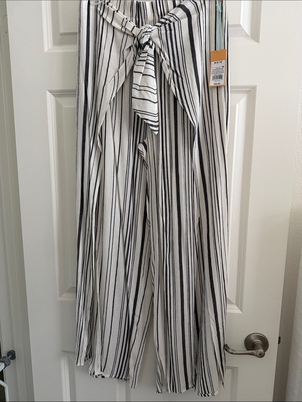Kona Sol White Wide-Leg Striped Tie-Waist Pants